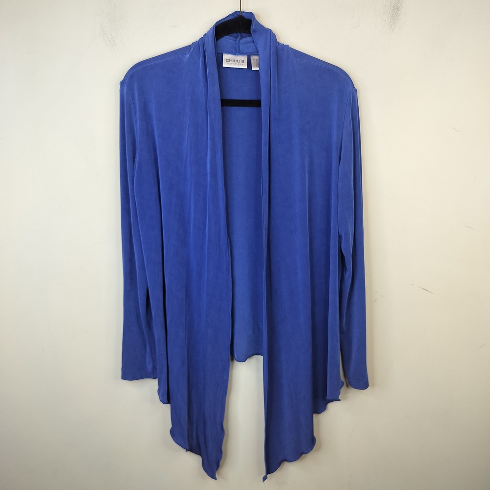 Chico's Travelers Cardigan 1 / Medium Open Front Draped Stretch Jersey Blue